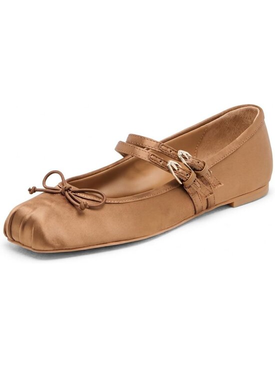 Shoes - Women's Brown Square Toe Mary Jane Ballet Flats Bow Buckle Double Straps Shoes